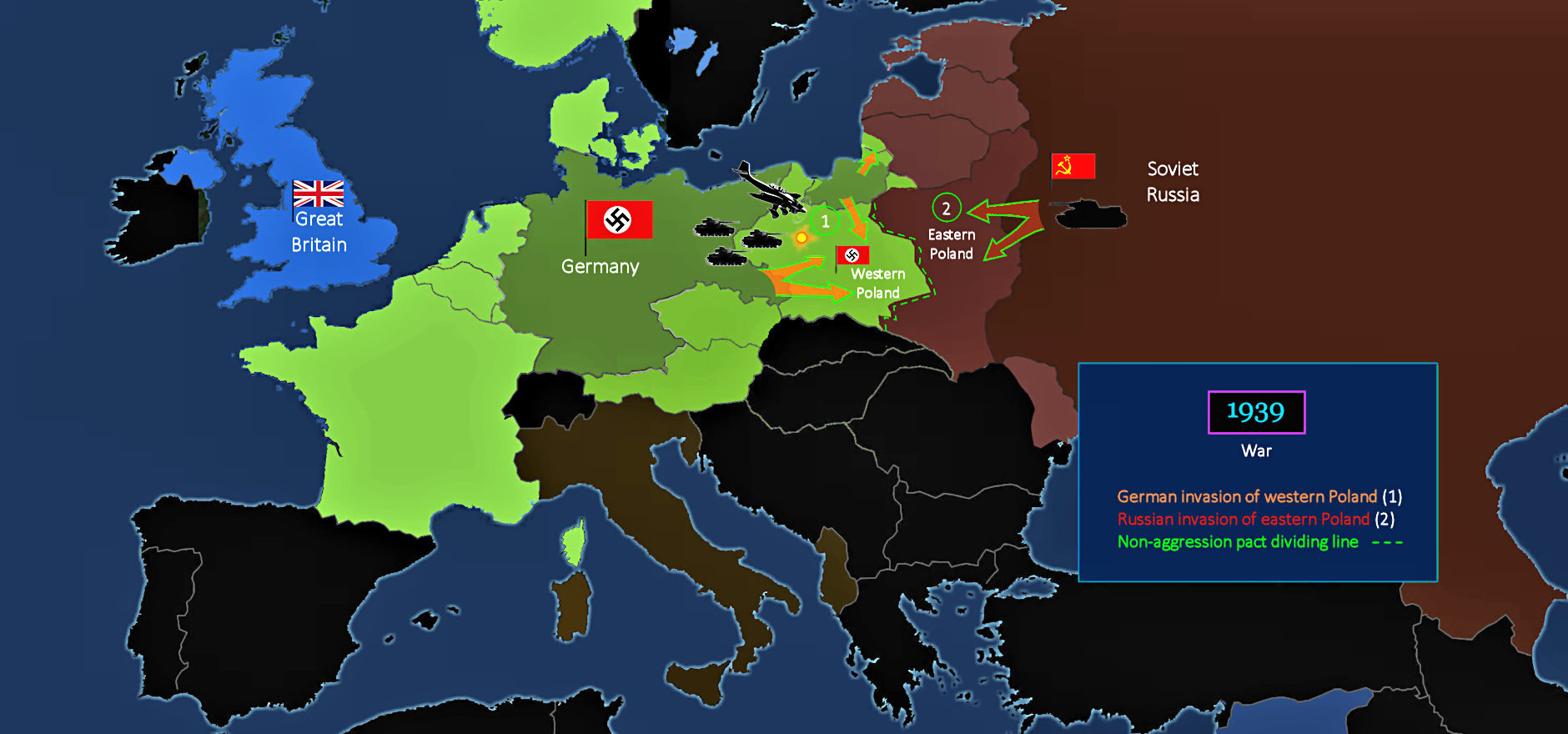 Hitler blitzkrieg through Poland, 1939 map